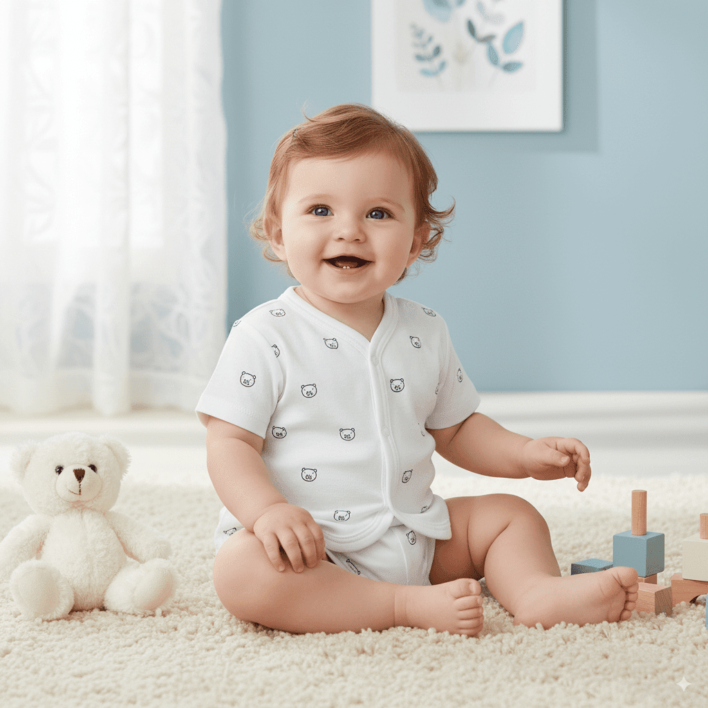Smiling baby in white cotton bear print bodysuit sitting on carpet with teddy bear and wooden toys