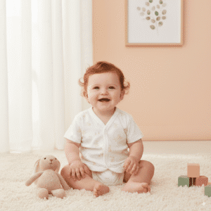 Smiling baby in beige animal-print cotton bodysuit sitting on carpet with knitted bunny toy and wooden blocks