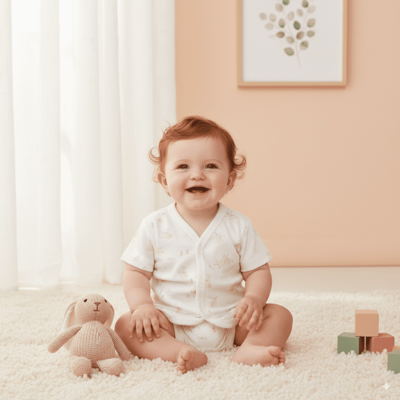 Smiling baby in beige animal-print cotton bodysuit sitting on carpet with knitted bunny toy and wooden blocks