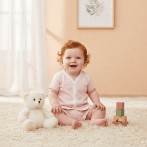 Smiling baby in pink polka-dot cotton bodysuit sitting on carpet with teddy bear and wooden stacking blocks