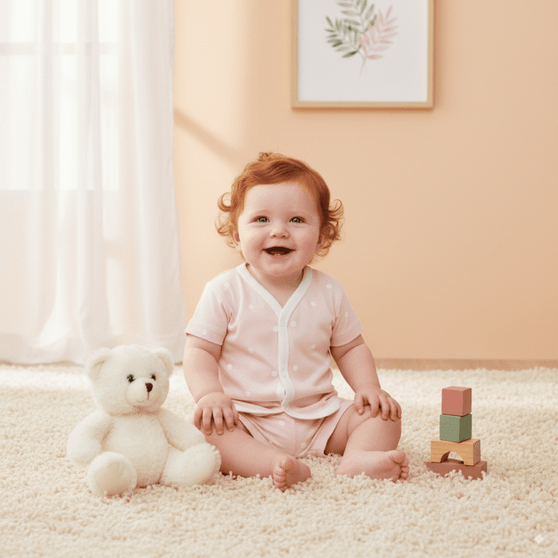 Smiling baby in pink polka-dot cotton bodysuit sitting on carpet with teddy bear and wooden stacking blocks