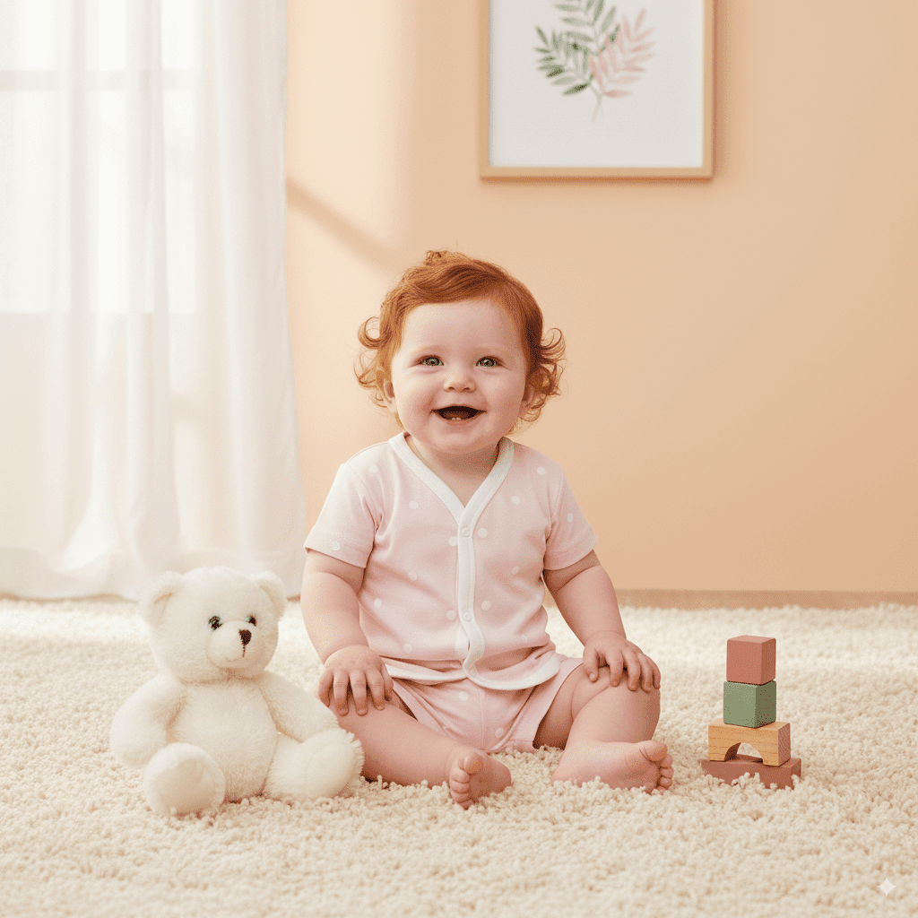 Smiling baby in pink polka-dot cotton bodysuit sitting on carpet with teddy bear and wooden stacking blocks