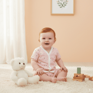 Smiling baby in pink star-print cotton bodysuit sitting on carpet with teddy bear and wooden stacking toys