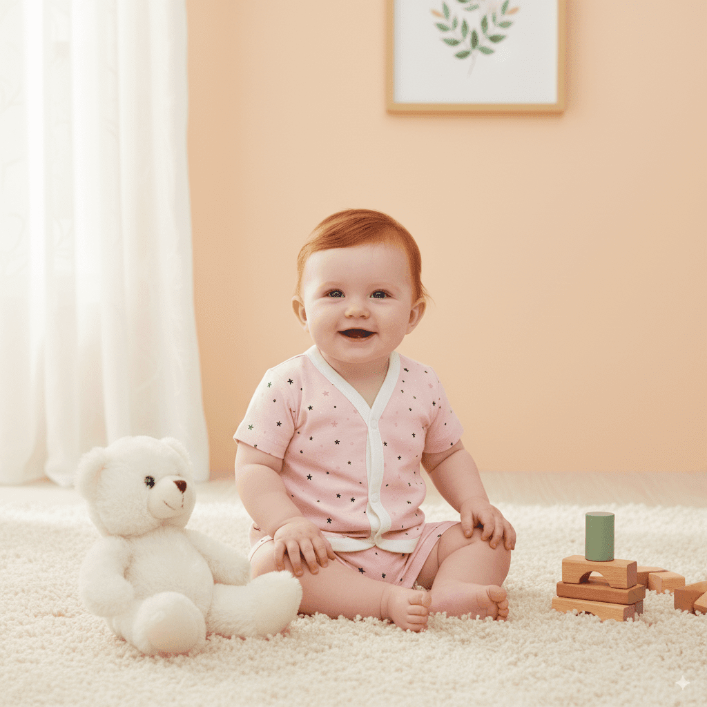 Smiling baby in pink star-print cotton bodysuit sitting on carpet with teddy bear and wooden stacking toys