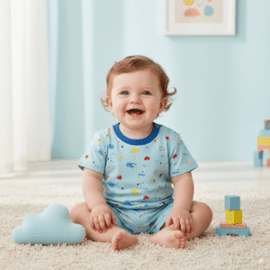 Smiling baby wearing a blue cartoon-print cotton romper sitting on a carpet with plush cloud toy and stacking blocks