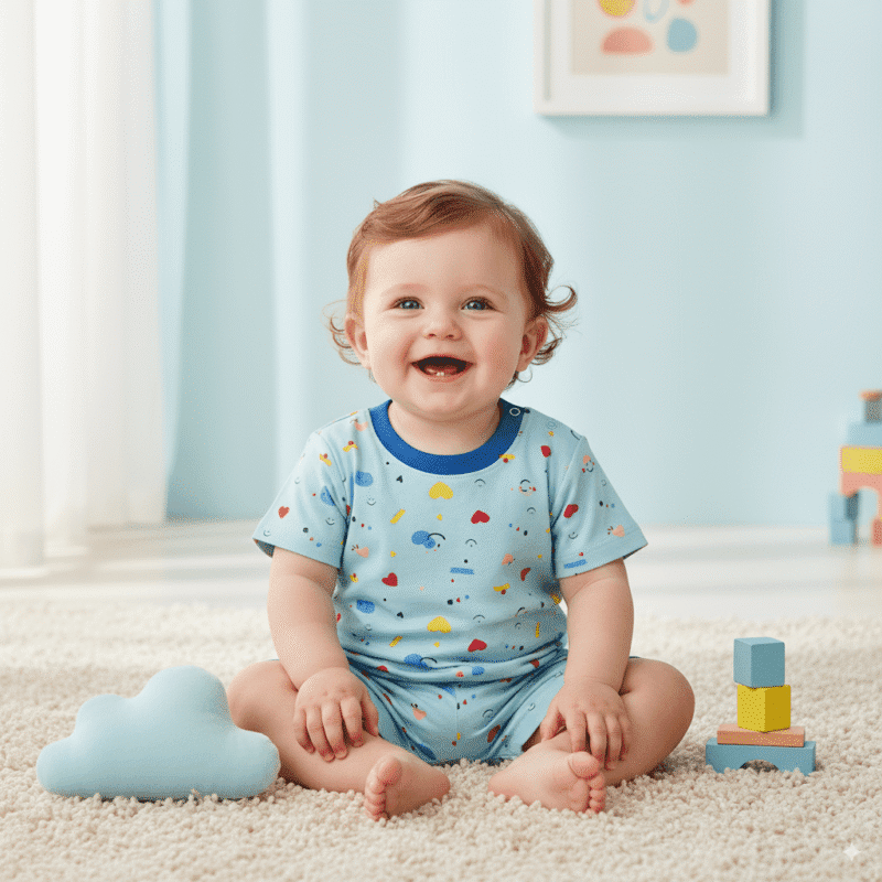 Smiling baby wearing a blue cartoon-print cotton romper sitting on a carpet with plush cloud toy and stacking blocks
