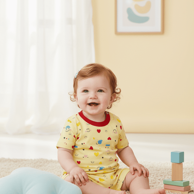 Smiling baby wearing a yellow cartoon-print romper with red neckline sitting on carpet with plush cloud pillow and stacking blocks