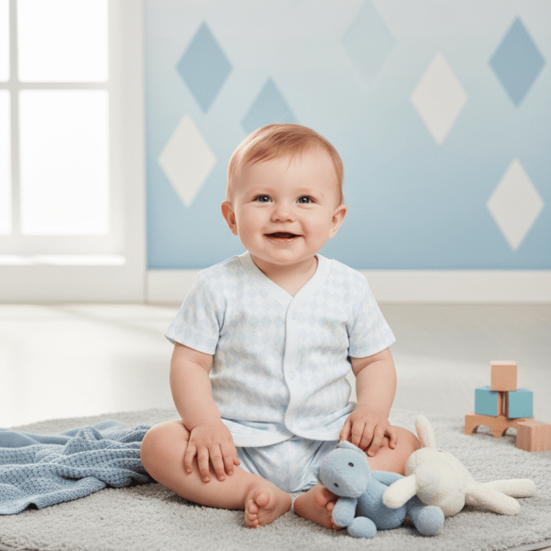 Smiling baby in a blue diamond-check romper sitting on a soft rug with plush toys and wooden blocks in a cozy nursery
