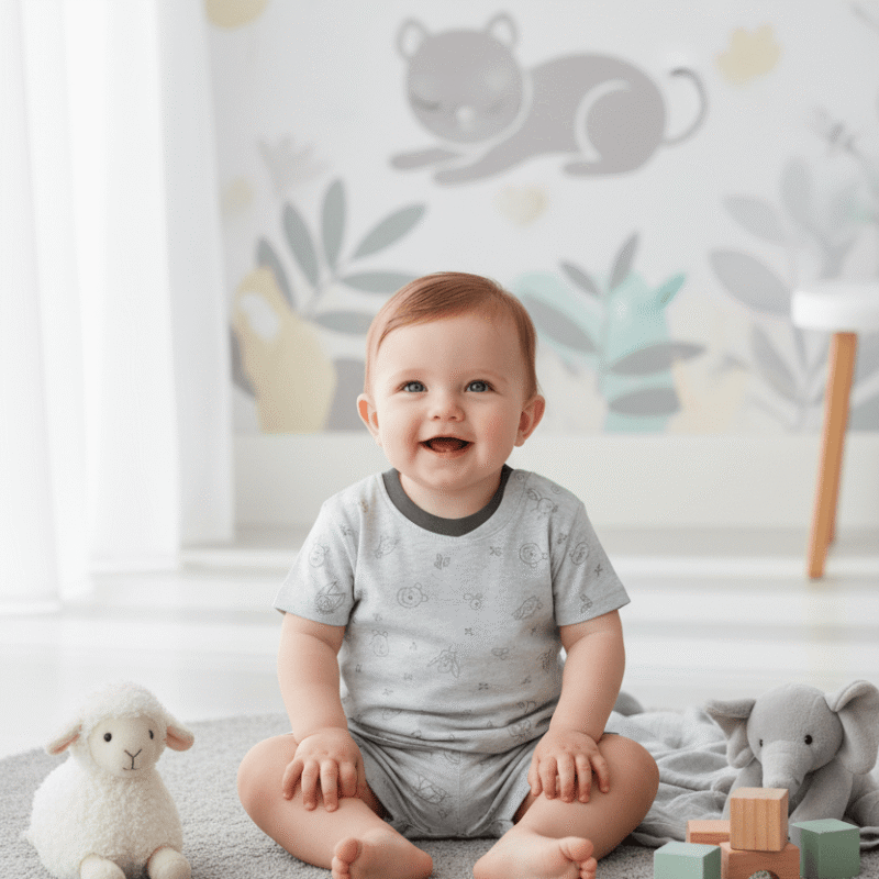 Smiling baby in a light grey animal print romper sitting on a soft rug with plush toys and wooden blocks in a nursery
