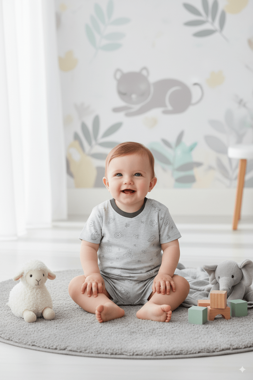 Smiling baby in a light grey animal print romper sitting on a soft rug with plush toys and wooden blocks in a nursery