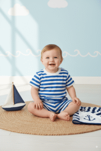 Baby boy wearing a nautical blue and white striped romper sitting on a round jute rug with a toy sailboat and anchor blanket in a seaside themed nursery