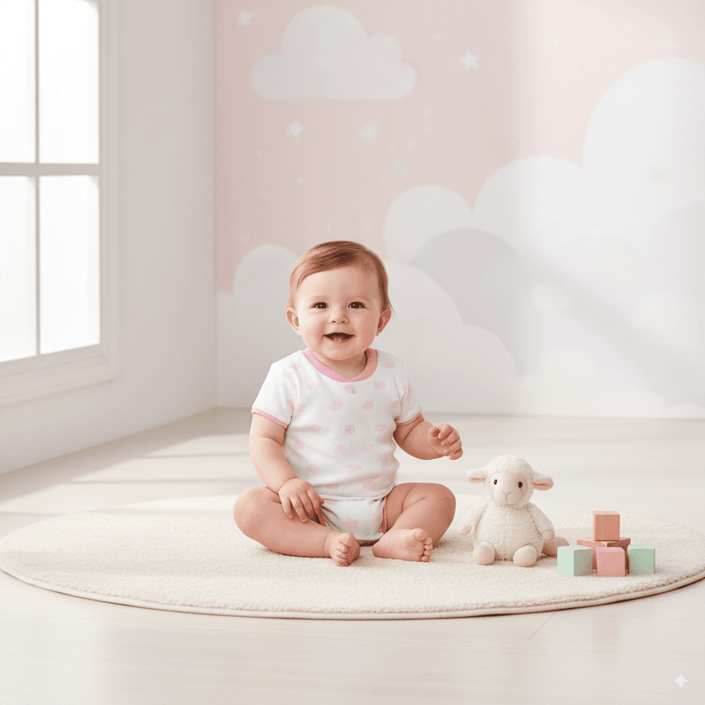 Baby in a white onesie with pink trim and soft cloud print sitting on a round rug with a plush lamb and pastel wooden blocks in a pink cloud-themed nursery