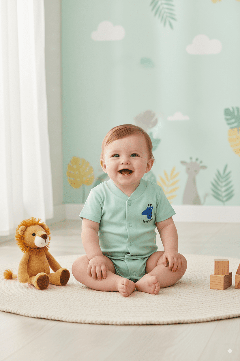 Baby in a mint green onesie with blue giraffe print sitting on a round rug with a plush lion toy and wooden blocks in a jungle-themed nursery