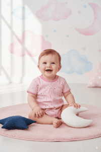Baby in a pink star-print onesie sitting on a round pink rug holding a crescent moon cushion with a star pillow, against a pastel celestial-themed nursery background with clouds and moons