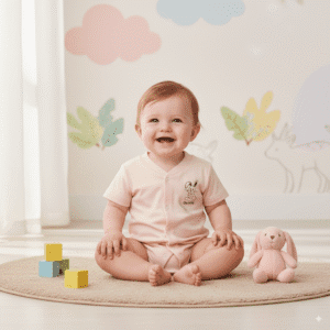 Smiling baby in a pink bunny-print onesie sitting on a round rug with a plush rabbit toy and colorful building blocks in a woodland-themed nursery