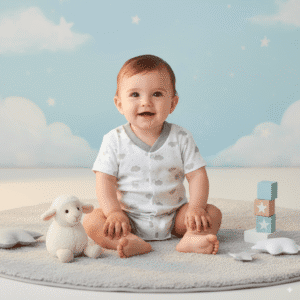 Smiling baby in a grey cloud-print onesie sitting on a round rug with a plush sheep toy and pastel star blocks in a dreamy nursery with cloud wall art