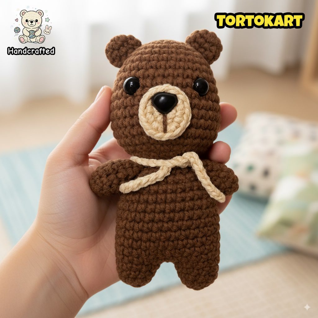 Hand holding a small handcrafted crochet teddy bear plush toy with black button eyes and beige accents, made by Tortokart