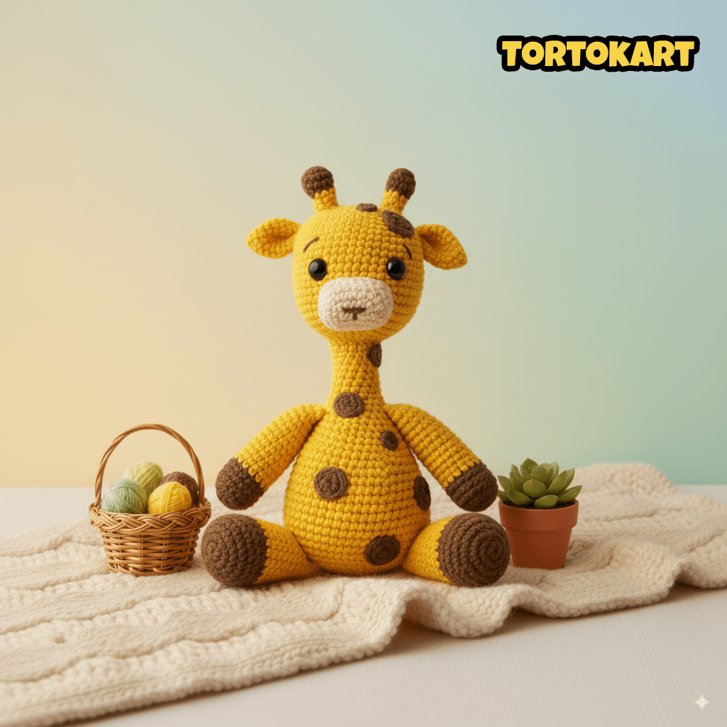 Tortokart handmade crochet giraffe plush toy with basket of yarn balls and succulent decor