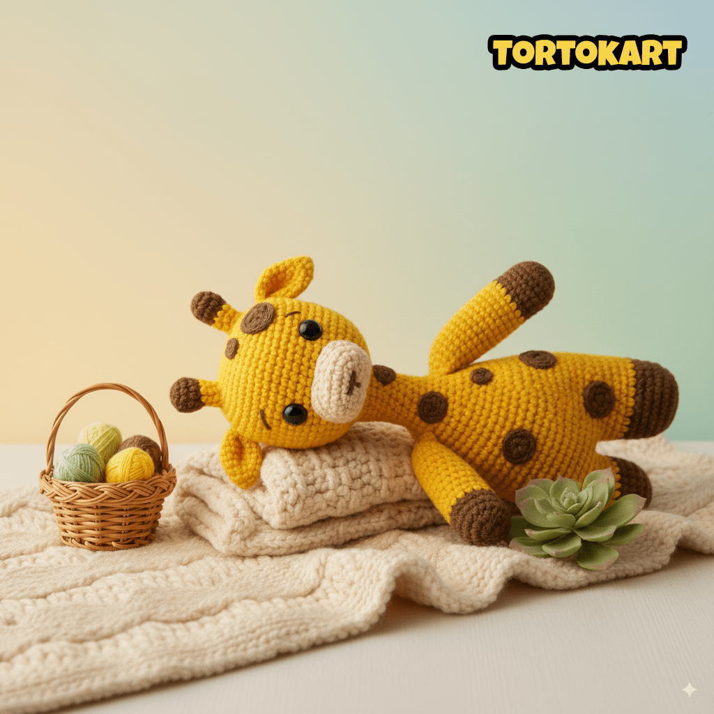 Handmade Tortokart crochet giraffe plush toy lying on a soft knitted blanket with yarn basket and plant