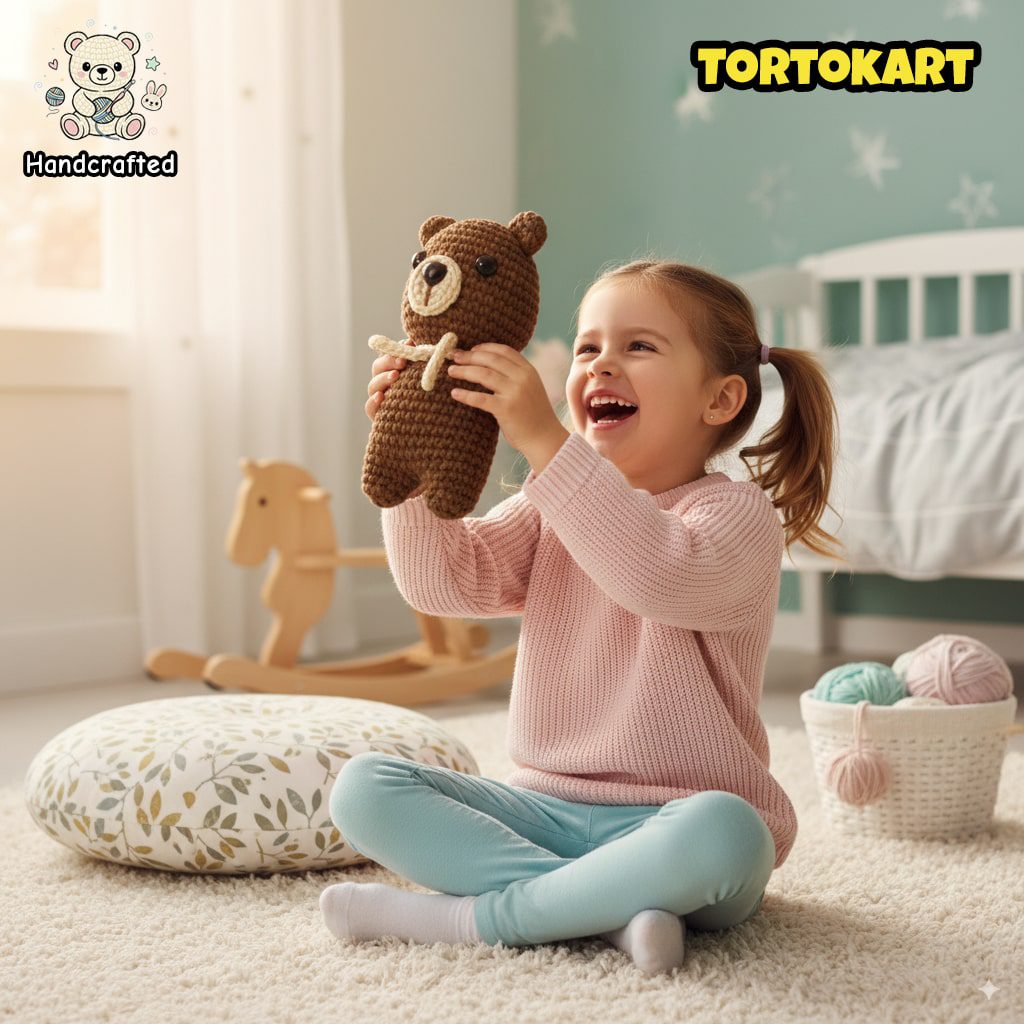 Smiling child playing with a handcrafted crochet teddy bear plush by Tortokart in a cozy nursery room