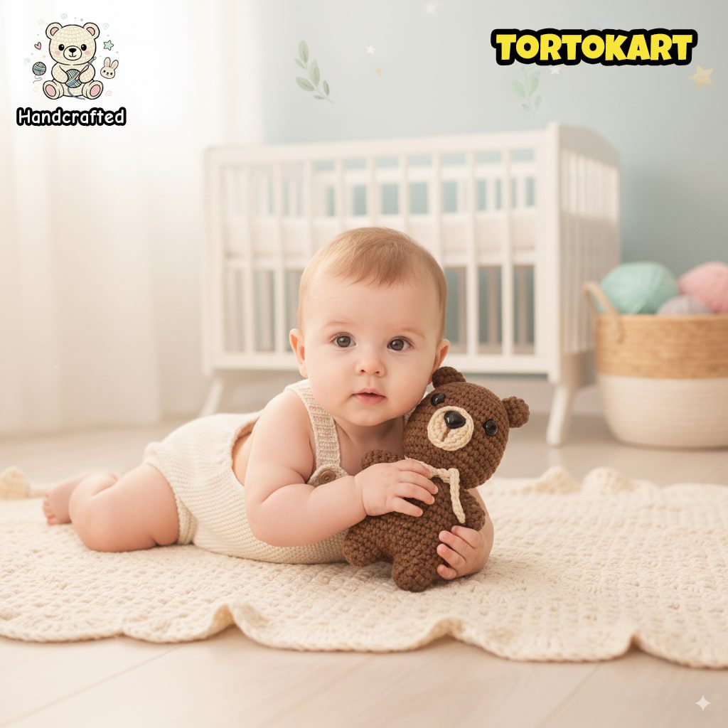 Baby cuddling a handcrafted crochet teddy bear plush by Tortokart on a soft knitted rug in a nursery