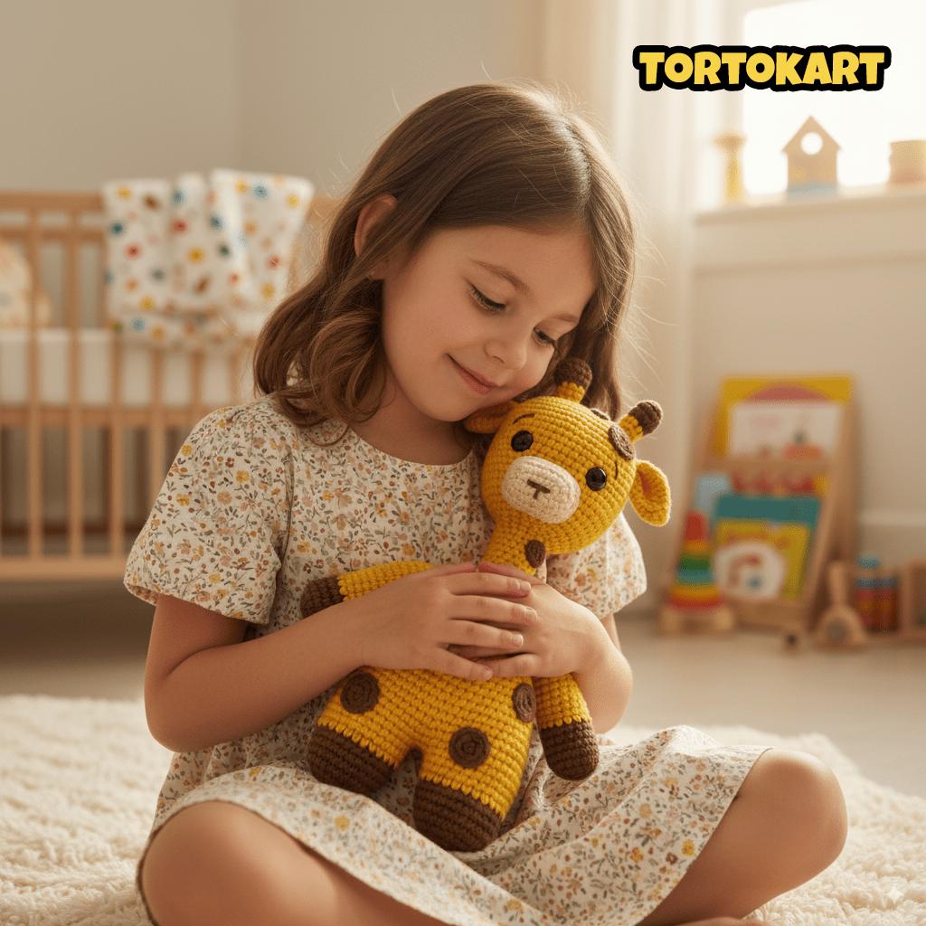 Little girl hugging a handmade crochet giraffe plush toy in a cozy nursery setting