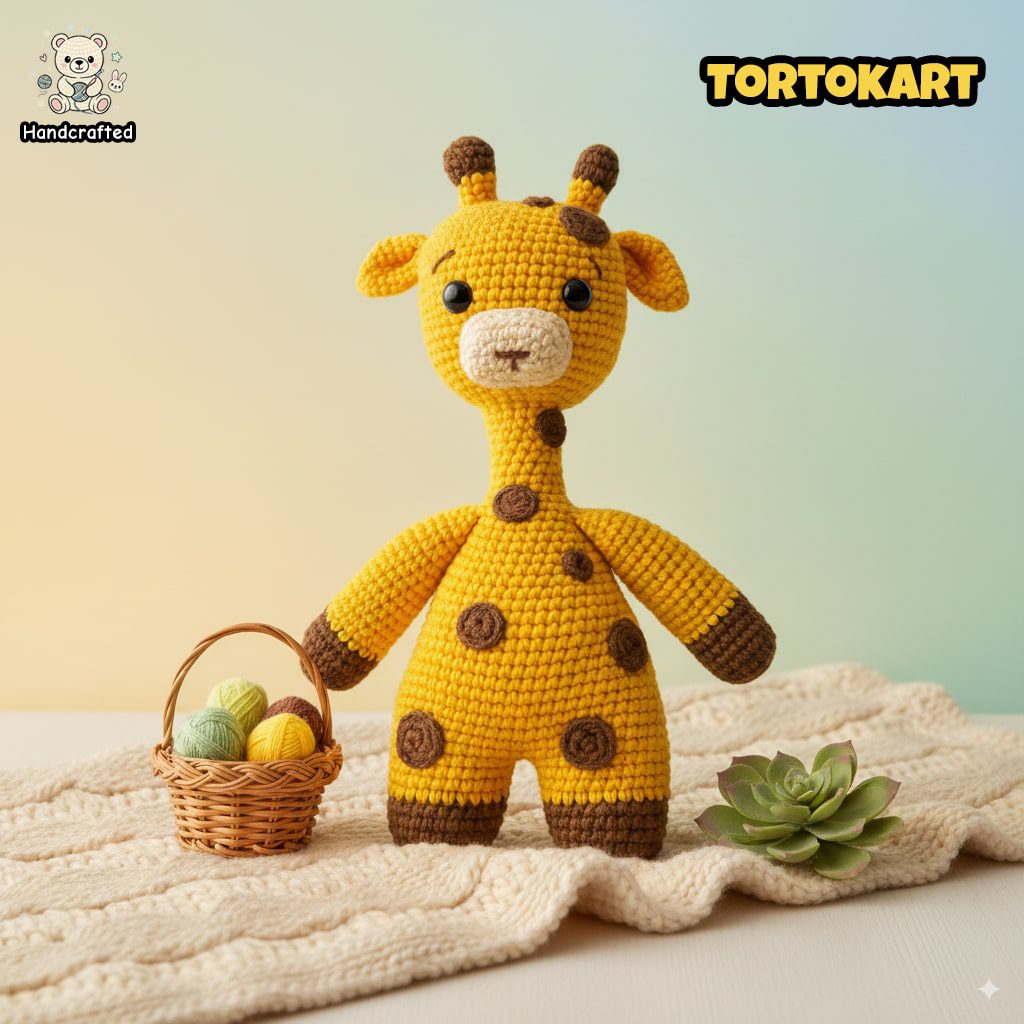 Handmade crochet giraffe plush toy in yellow and brown yarn, displayed on a knitted blanket with a small basket of yarn balls and a succulent deco