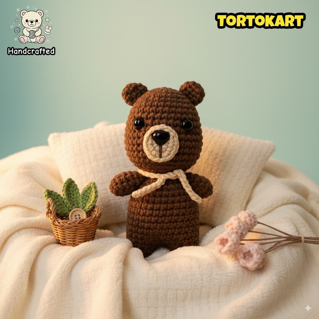 Handcrafted crochet teddy bear plush toy with beige snout and bow, sitting on a soft cream blanket beside a mini crochet plant and flowers, Tortokart handcrafted toy