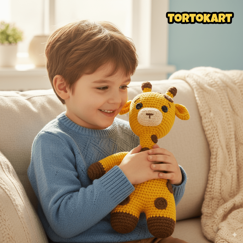 Smiling boy cuddling Tortokart handmade crochet giraffe plush toy