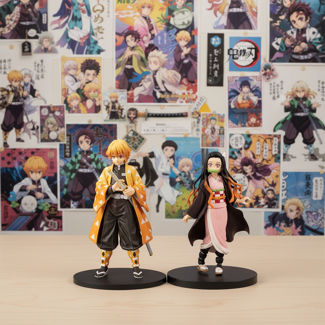 Demon Slayer Zenitsu Nezuko Figures set, front view. Detailed PVC anime collectibles of Zenitsu Agatsuma and Nezuko Kamado with their Nichirin sword and pink kimono.
