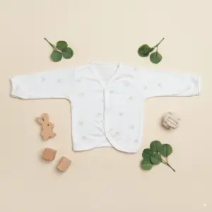 Newborn Full Sleeve Baby Vest, 0-3 Months, White Cotton, Bear Print Crossover