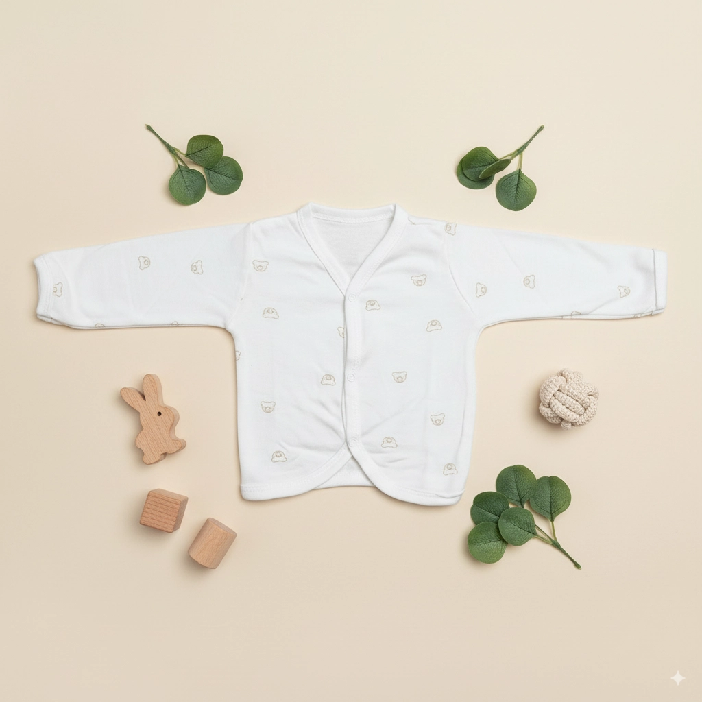 Newborn Full Sleeve Baby Vest, 0-3 Months, White Cotton, Bear Print Crossover