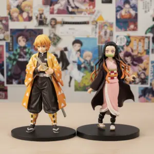 Detailed Demon Slayer Zenitsu Agatsuma and Nezuko Kamado figure set with Nichirin sword, yellow haori, and pink kimono, displayed against an anime poster background. Official KNY PVC collectible toys for fans.