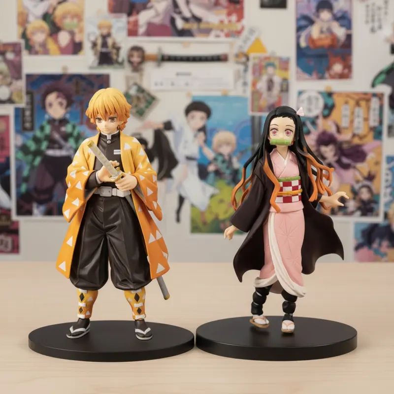 Detailed Demon Slayer Zenitsu Agatsuma and Nezuko Kamado figure set with Nichirin sword, yellow haori, and pink kimono, displayed against an anime poster background. Official KNY PVC collectible toys for fans.