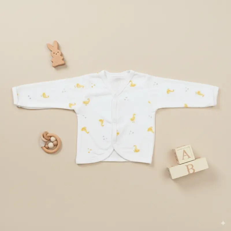 Newborn Full Sleeve Baby Vest, 0-3 Months, Yellow Duck Print, Cotton Crossover