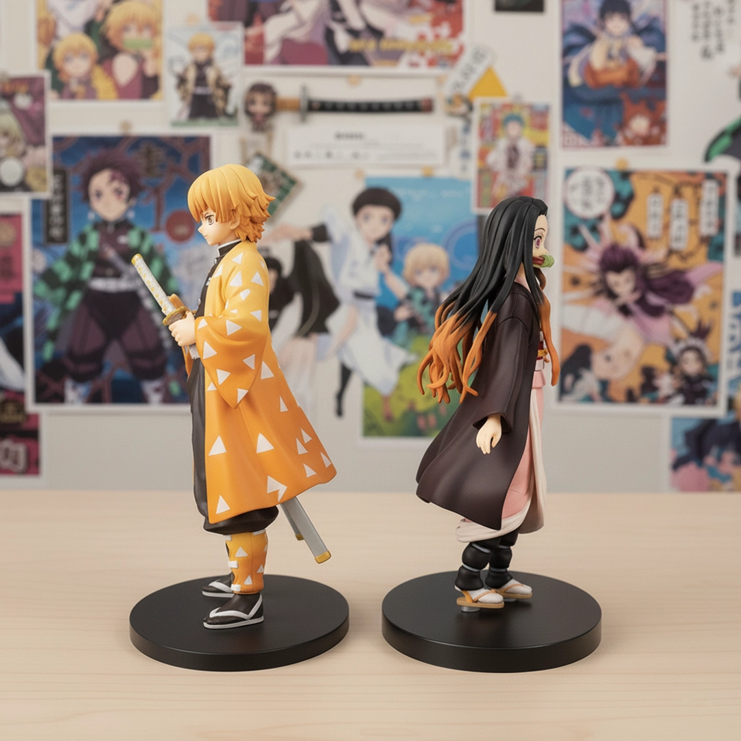 Demon Slayer Zenitsu Agatsuma and Nezuko Kamado action figures side-by-side.