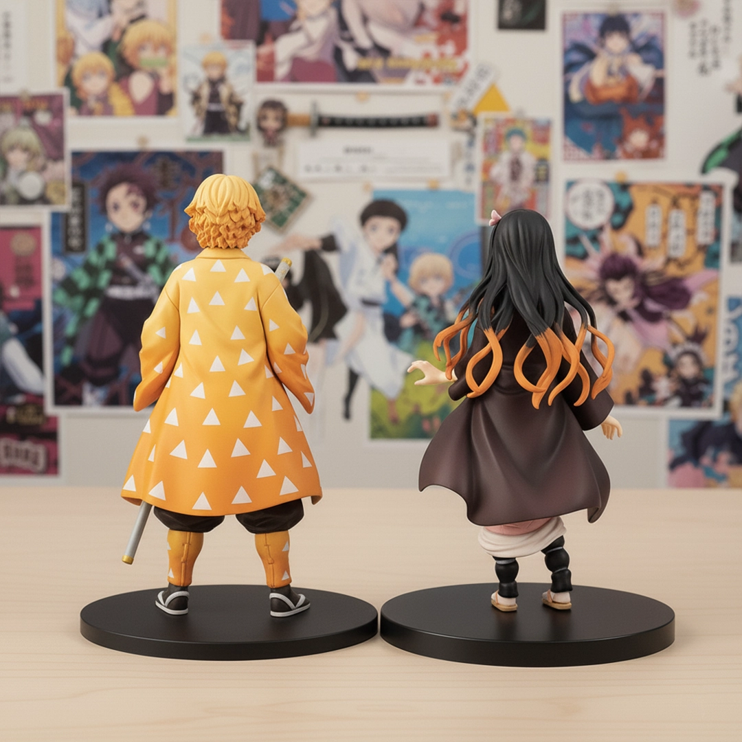 Back view of Demon Slayer Zenitsu Agatsuma and Nezuko Kamado action figures.