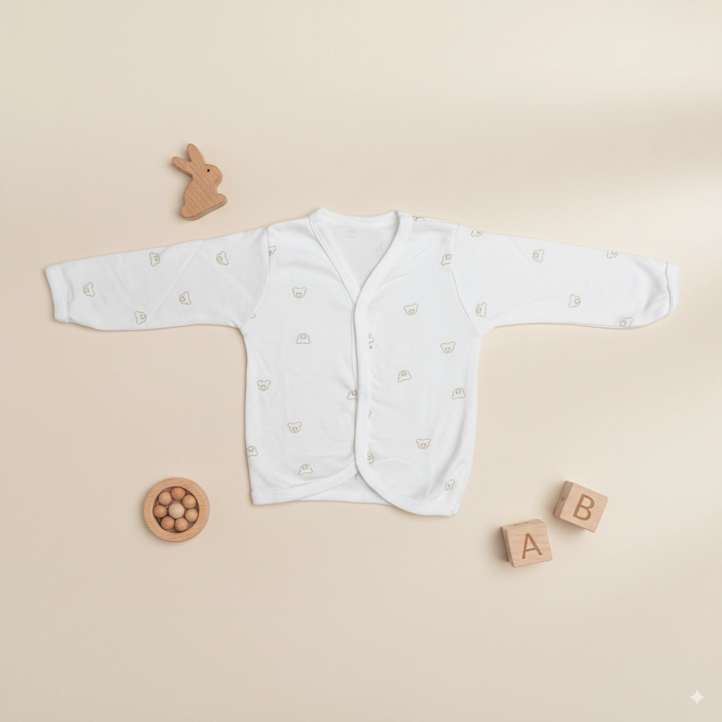 Soft white cotton, full-sleeve baby vest with tiny beige teddy bear print, featuring a front-open kimono style for infants 3 to 6 months