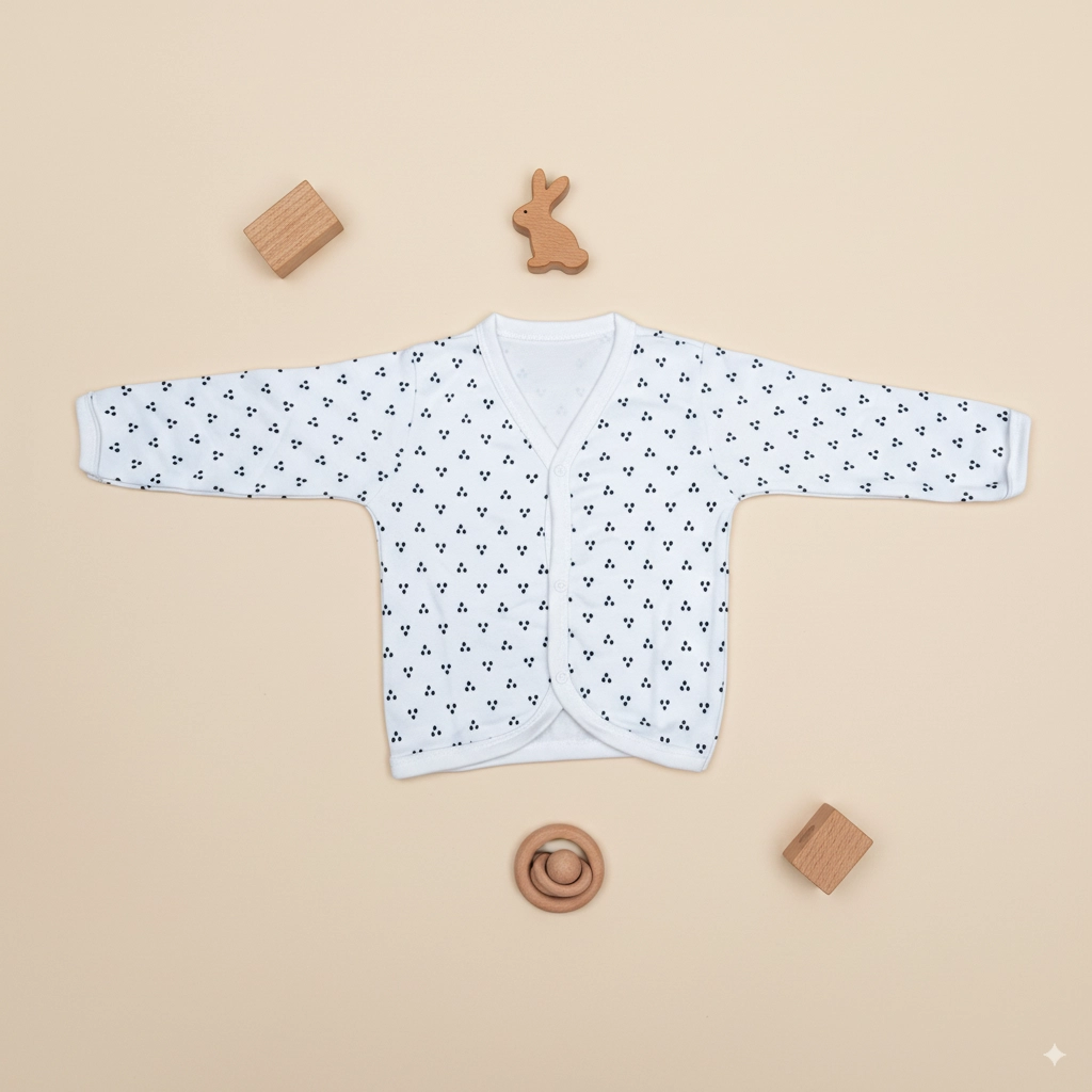 Full Sleeve Baby Vest, 3-6 Months, White Geometric Dot Print, Cotton Crossover