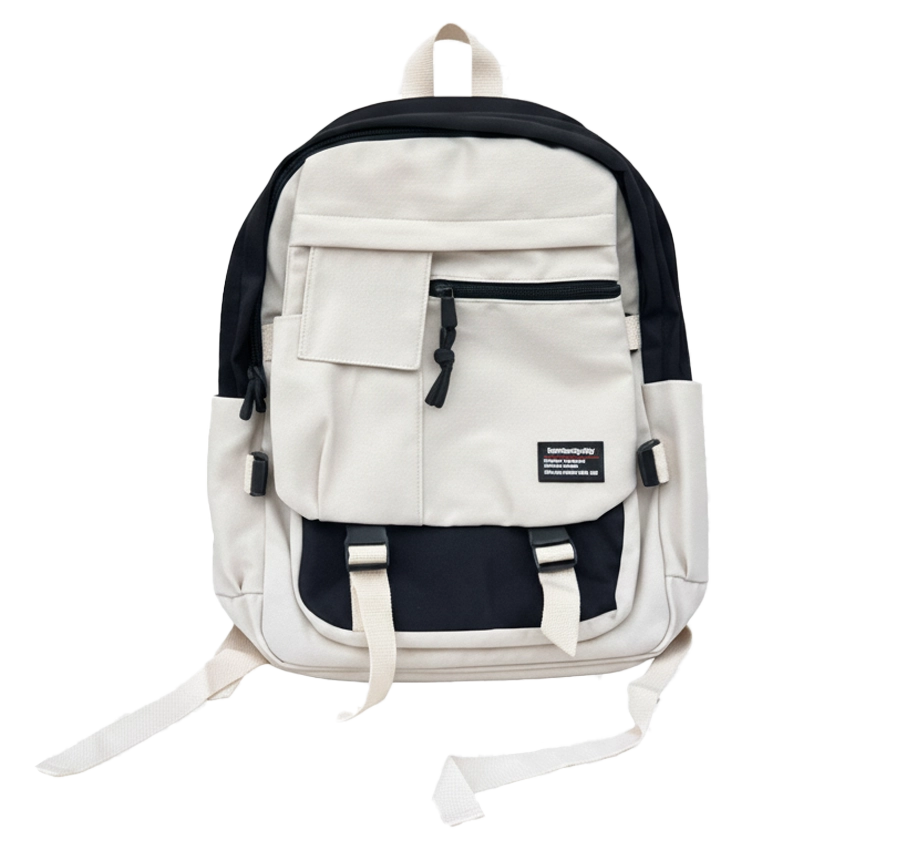TORTKART Black and White/Cream Multi-Pocket Backpack. Stylish school, college, or travel bag with multiple external pockets, buckles, and a durable design.