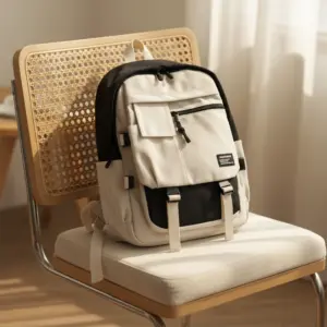 TORTKART Black and White/Cream Multi-Pocket Backpack. Stylish school, college, or travel bag with multiple external pockets, buckles, and a durable design.