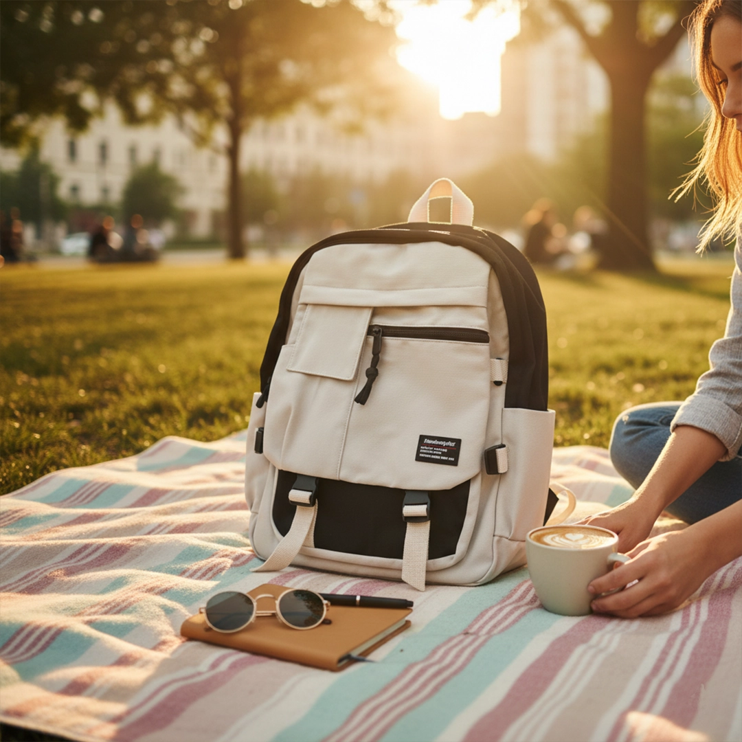 TORTKART Black and White/Beige Multi-Pocket Backpack. Stylish school, college, or picnic bag with buckle straps and multiple utility pockets, set on a blanket outdoors.