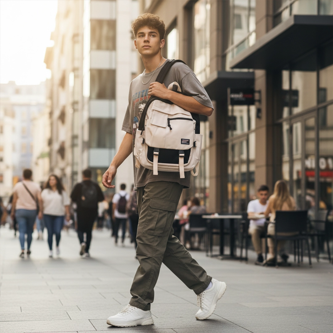 TORTKART Black and Beige/Cream Multi-Pocket Backpack worn by a young man walking in an urban city street. Stylish utility backpack for school, college, commuting, with decorative buckle straps.