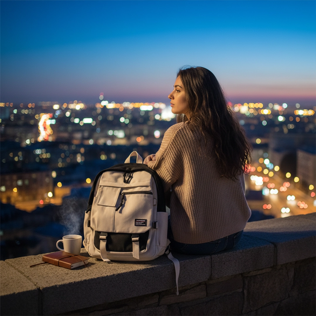 TORTKART Black and Beige/Cream Multi-Pocket Backpack next to a woman overlooking a city skyline at night/dusk. Stylish utility daypack perfect for urban travel, commuting, and college.