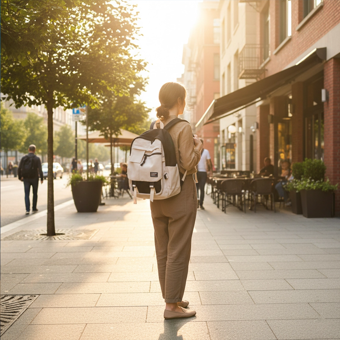 TORTKART Black and Beige Multi-Pocket Backpack worn by a woman walking in a sunny European-style urban street. Stylish college, travel, or utility daypack with buckle straps.