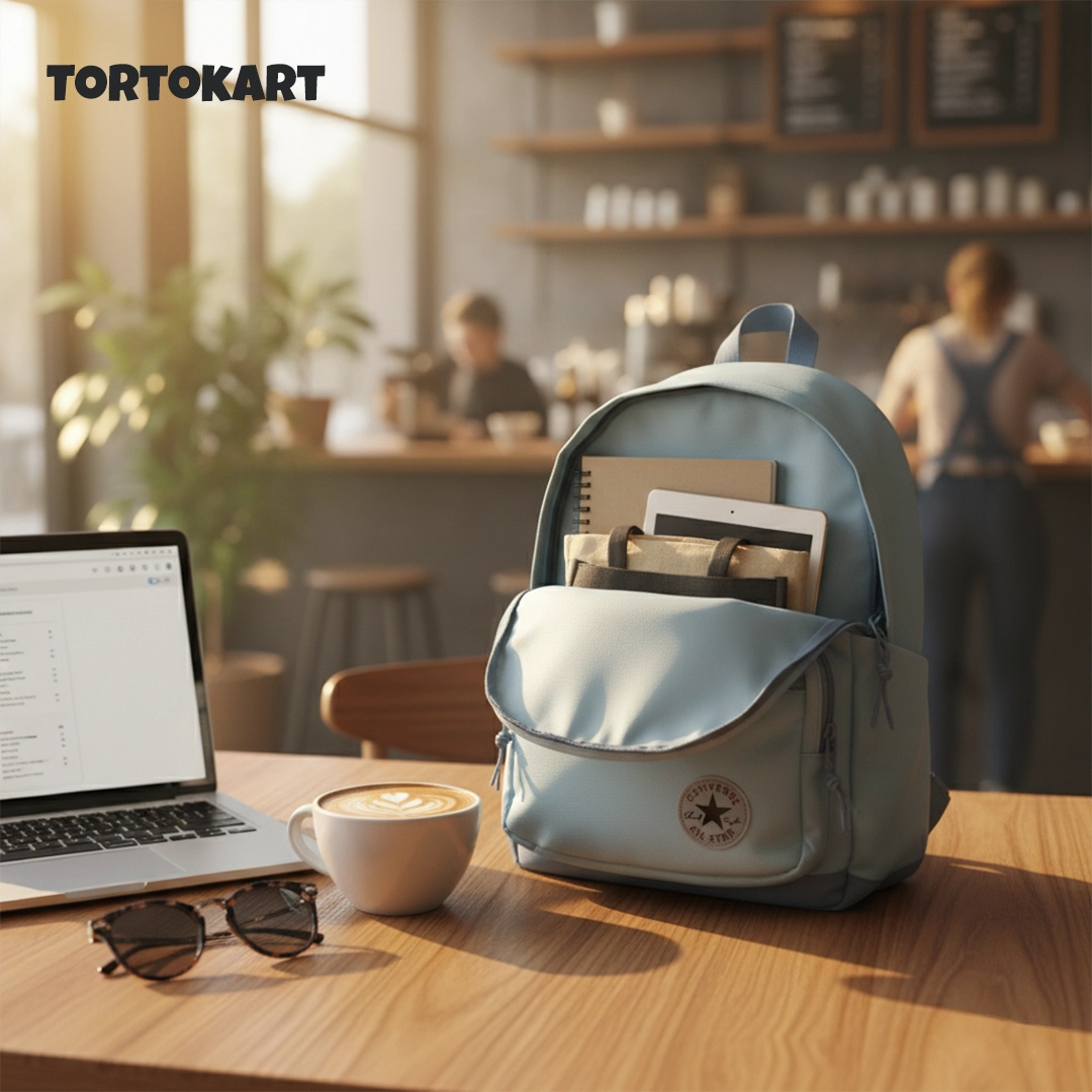 TORTKART Light Blue Converse-Style Backpack. Modern, lightweight school or college bag shown with laptop and books inside, perfect for commuting and travel.