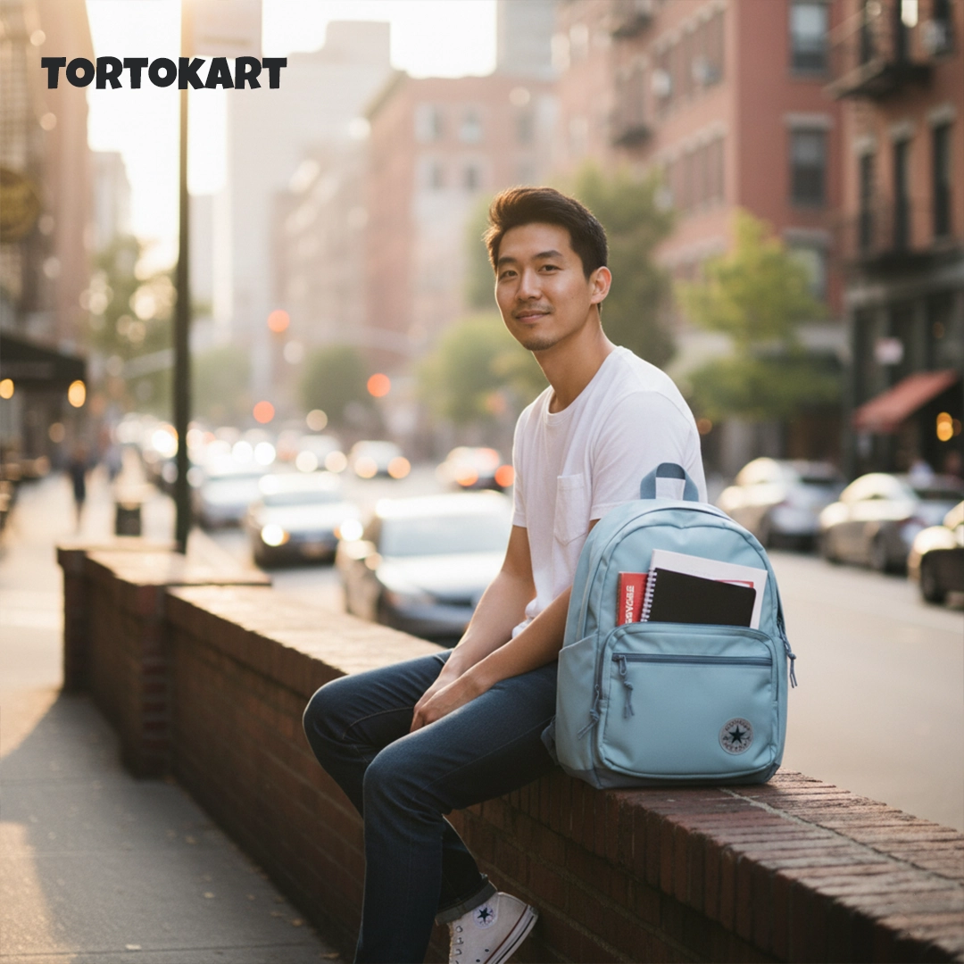 TORTKART Light Blue Converse-Style Backpack worn by a man in an urban city setting. Stylish waterproof school, college, or commuter bag with patch logo.