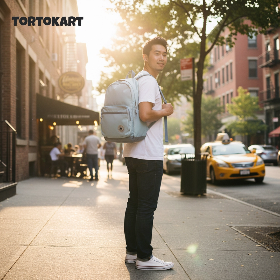 TORTKART Classic Light Blue Backpack for men and women, styled like a Converse Original. Waterproof school, college, or commuter bag with front pocket.