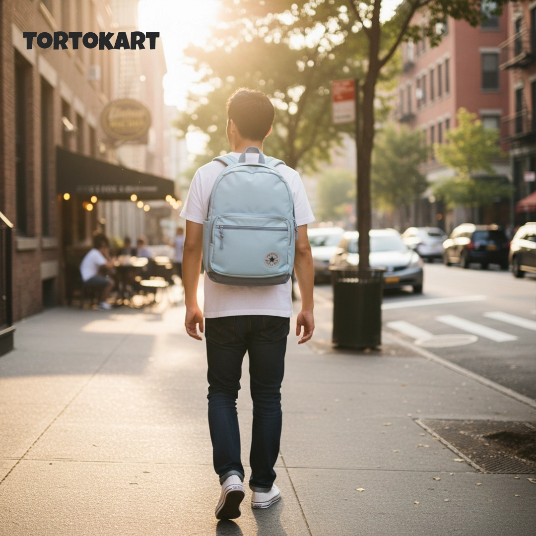 TORTKART Classic Light Blue Backpack for men/women, styled like a Converse Original. Durable waterproof school, college, or commuter bag for urban travel.