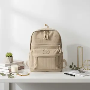TORTKART Stylish White Textured Backpack worn by a woman in a yellow sweater, walking on a sunny urban city sidewalk. Bubble/crinkle effect daypack perfect for college, commuting, or street style fashion.